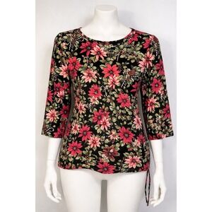 Alfred Dunner XL Poinsettia Holiday Black Floral Knit Shirt 3/4 Embellished